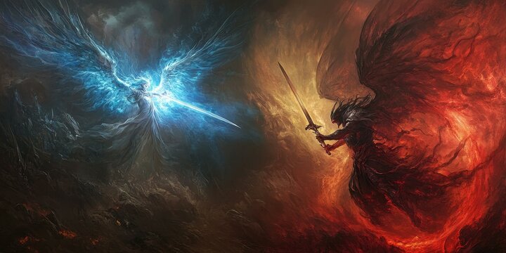 Angel and demon fight with swords.