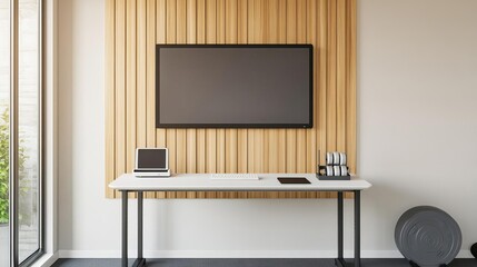 Home gym with a desk and screen for virtual fitness classes, modern and versatile