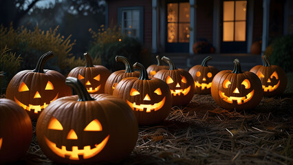 Lit Jack o  Lantern Pumpkins on Porch for Halloween