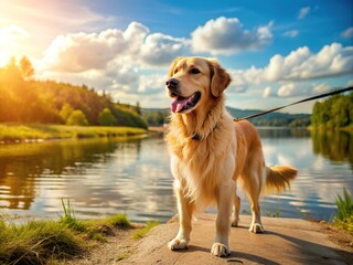 A happy, fluffy golden retriever walks alongside a serene lake on a sunny day, its leash held taut as it sniffs the air with curiosity.