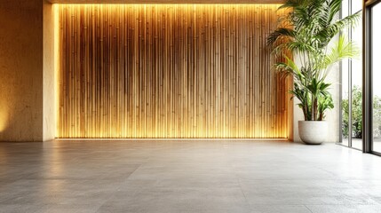 Minimalist Interior Design with Bamboo Wall and Palm Plant