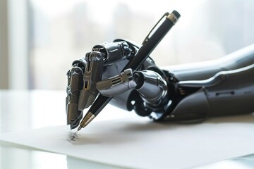 Steam punk robot writes poem on paper with pen. Close-up of robotic hand holding black pen on white paper in urban setting. Futuristic tech concept image.