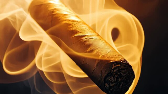 Close-up of a cigar with swirling smoke, atmospheric light. Leisure and relaxation concept