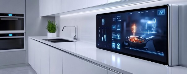 Kitchen with a built-in digital screen for cooking and online meetings, tech-savvy design