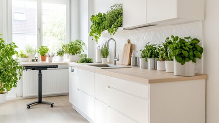 Kitchen with a built-in herb garden and standing desk, fresh and inspiring