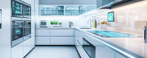 Kitchen with a tech hub for meal planning and virtual cooking classes, futuristic theme