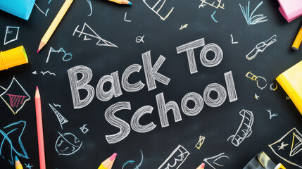 Back to school background with chalk drawing surrounded by colorful stationery and doodles of educational icons