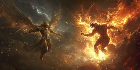 Fototapeta premium Fiery winged figures clash in a battle of light and