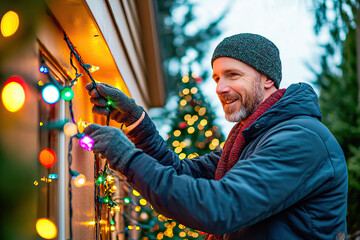 30-year-old man decorating the facade of his house with Christmas lights