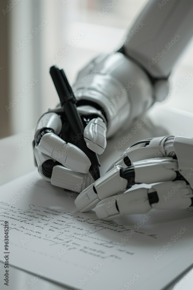 Poster white robot writes poem on paper with pen. close-up shot of mechanical arm holding writing tool. low