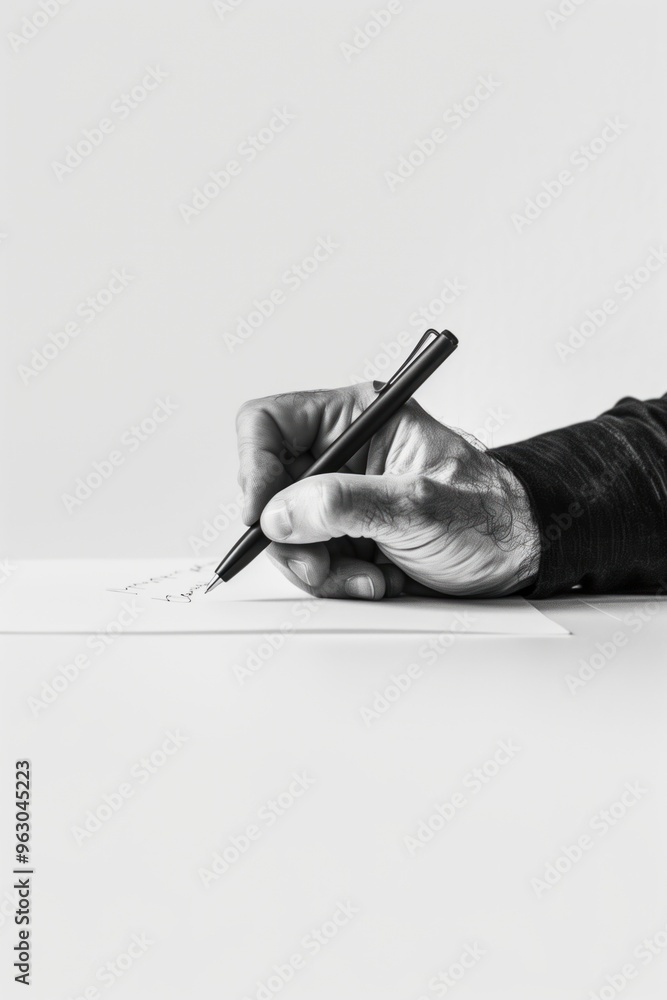 Poster terminator hand writes poem on white paper with black pen. close-up shot of robotic arm creating art