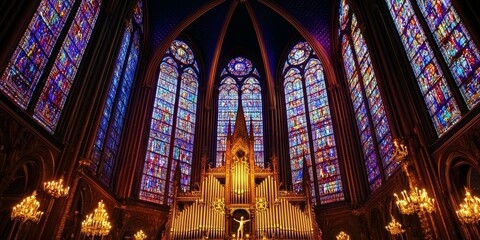 Fototapeta premium Gothic cathedral interior with stained glass and golden chandeliers.