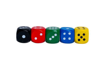 Different colored dice on a transparent background. Five bright colors.