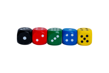 Different colored dice on a transparent background. Five bright colors.
