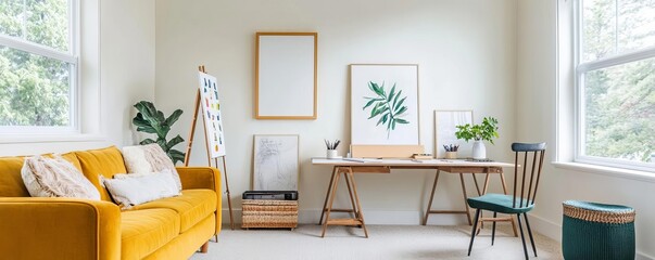 Living room with an art corner, work desk, and cozy seating, creative fusion
