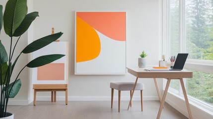 Living room with an art corner, work desk, and cozy seating, creative fusion