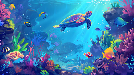 Fototapeta premium Vibrant Underwater Scene with Marine Life and Sea Turtle.
