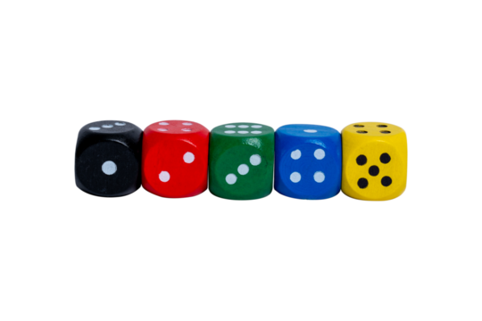 Different colored dice on a transparent background. Five bright colors.