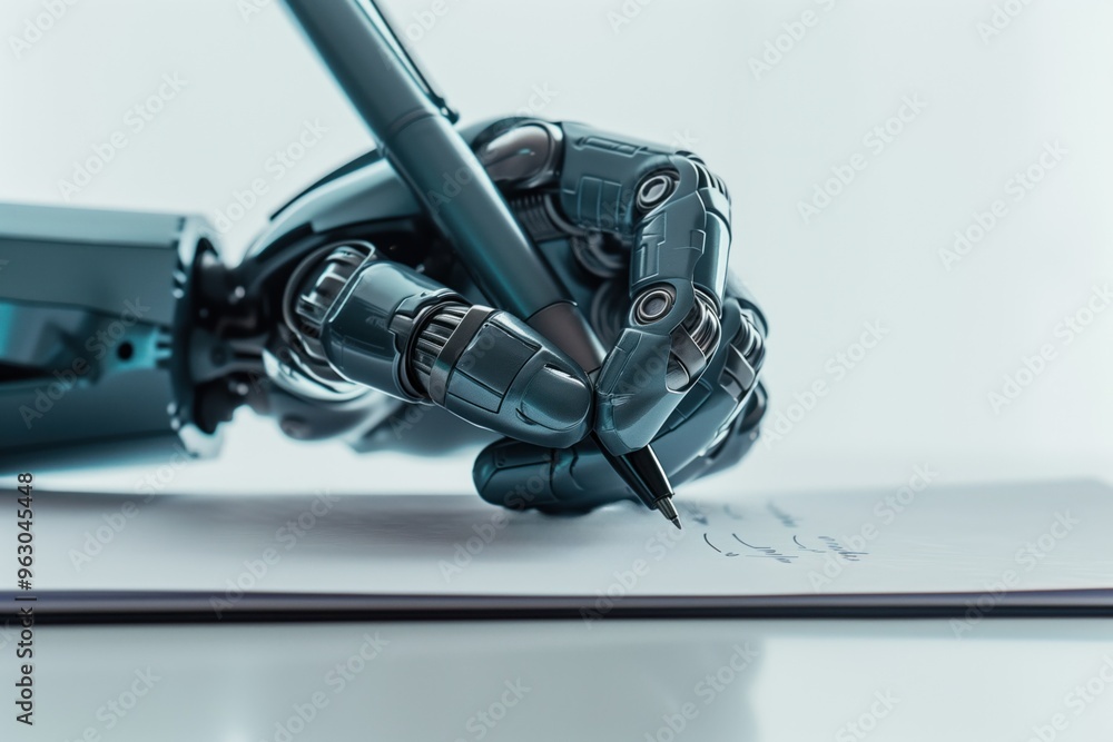 Poster futuristic robot arm poses to write on white paper with pen. mechanical joints and sensors give life