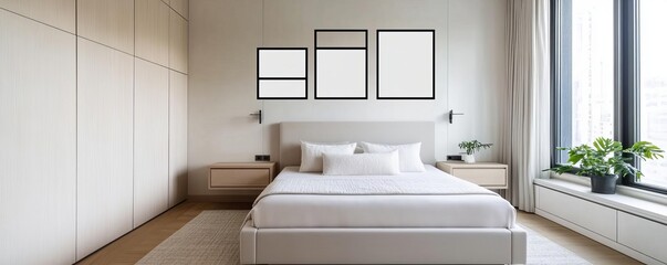 Fototapeta premium Minimalist bedroom with multifunctional furniture for various uses, serene and efficient