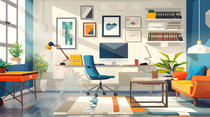 Contemporary Workspace with Sleek Furniture and Vibrant Accents.