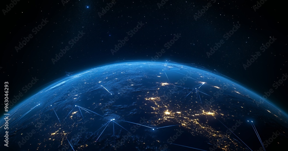 Poster a view of earth at night with bright city lights and glowing lines connecting various points, repres
