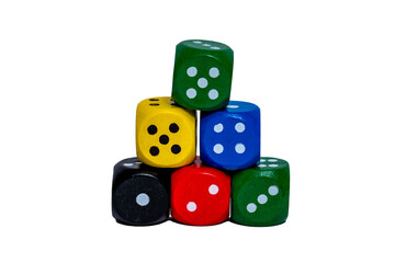 Different colored dice on a transparent background. Five bright colors.