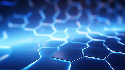 Blue hexagon background. Hexagonal structure, honeycomb pattern, metallic. Illuminated outlines. Depth and three-dimensionality. Modern, geometric, futuristic and technological design.