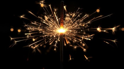 Obraz premium Close-up of a glowing sparkler firework against a black background with copy space. New year party concept. 