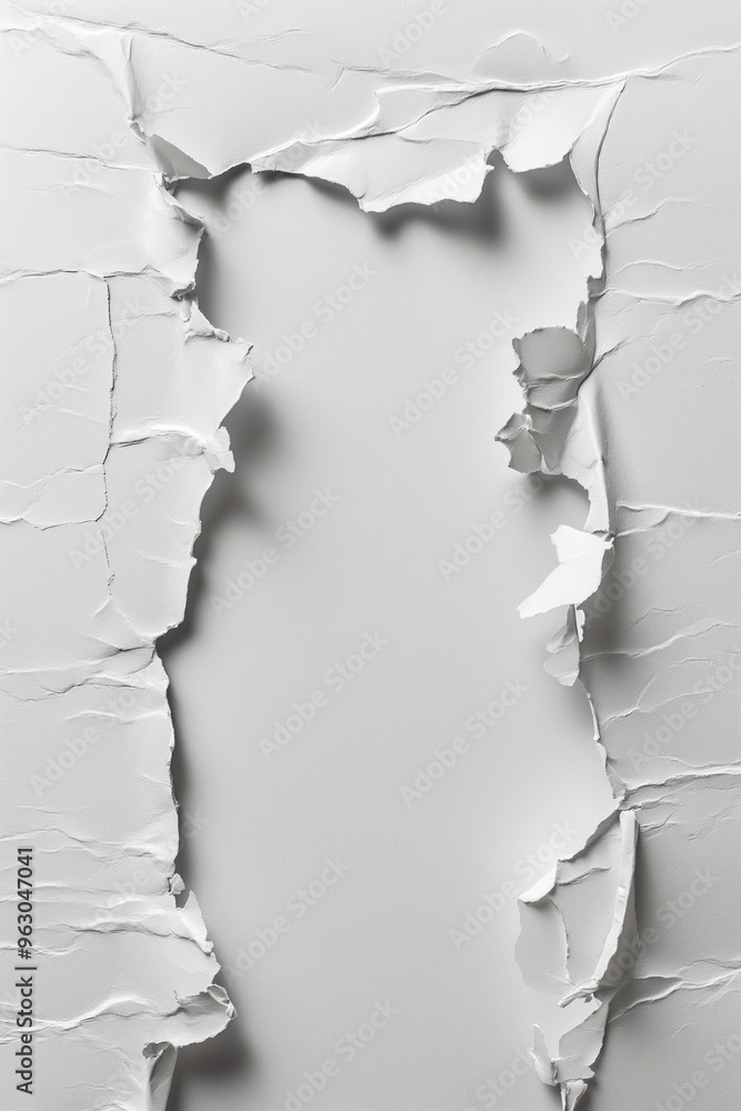 Poster torn white paper surface reveals contrast with surrounding wall. freshly made rectangular tear shows
