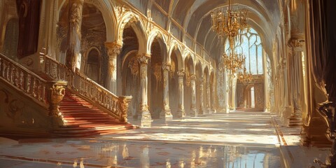 Obraz premium Ornate hallway with grand staircase and chandelier.