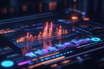 Holographic financial graphs and charts in a modern business setting, representing advanced data analysis and finance concepts. 