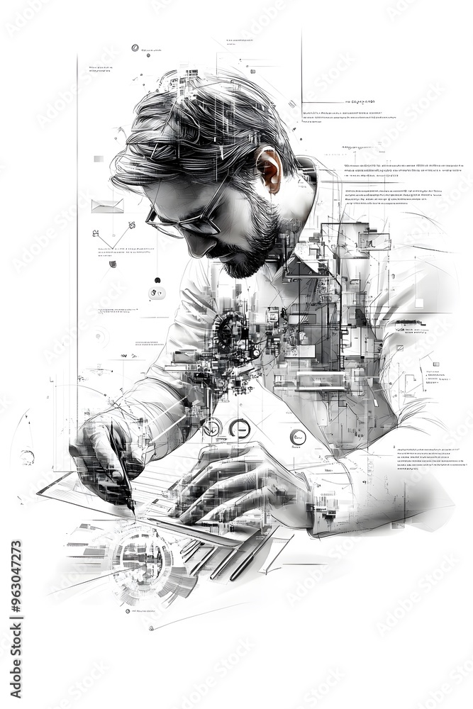 Poster man working on a digital tablet with geometric design.