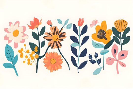 collection of humorous flat hand-drawn floral and natural design elements