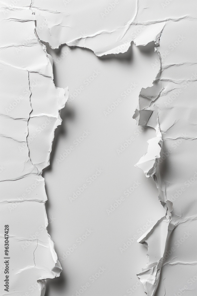 Poster torn white paper crumpled damaged jagged edge ripped off reveals gap. paper set against stark white 