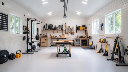 Fototapeta premium Multi-use garage with a woodworking station and workout equipment, masculine theme