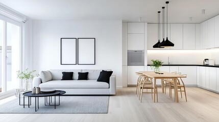 Open-plan space with a combination of lounge, work, and dining areas, Scandinavian design