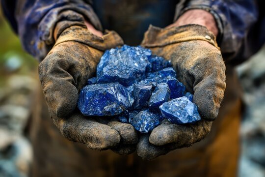 Cobalt Mineral Crystal. Artisanal Miner Holding Blue Cobalt Stone Deposit