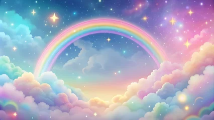 Wanddecoratie Regenboog Holographic fantasy rainbow background with clouds and stars. Pastel color sky. Magical landscape, abstract fabulous pattern. Cute candy wallpaper  © designhunt