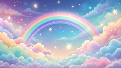 Holographic fantasy rainbow background with clouds and stars. Pastel color sky. Magical landscape,...