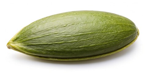 A single green pepita, also known as a pumpkin seed, rests on a white background, showcasing its ridged and oval shape in sharp, high-contrast detail.
