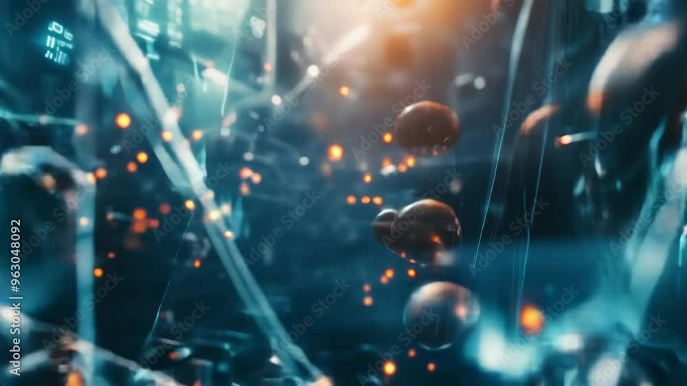 Poster abstract network of glowing atomic particles, symbolizing molecular science and technology