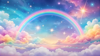 Wanddecoratie Regenboog Holographic fantasy rainbow background with clouds and stars. Pastel color sky. Magical landscape, abstract fabulous pattern. Cute candy wallpaper  © designhunt