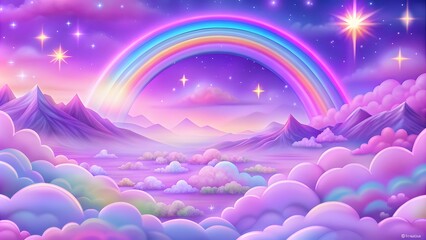 Holographic fantasy rainbow background with clouds and stars. Pastel color sky. Magical landscape,...