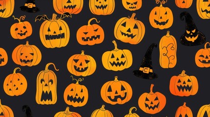 Seamless pattern of Halloween pumpkins featuring scary jack-o'-lanterns and cute faces, accented with vibrant oranges and hints of green.