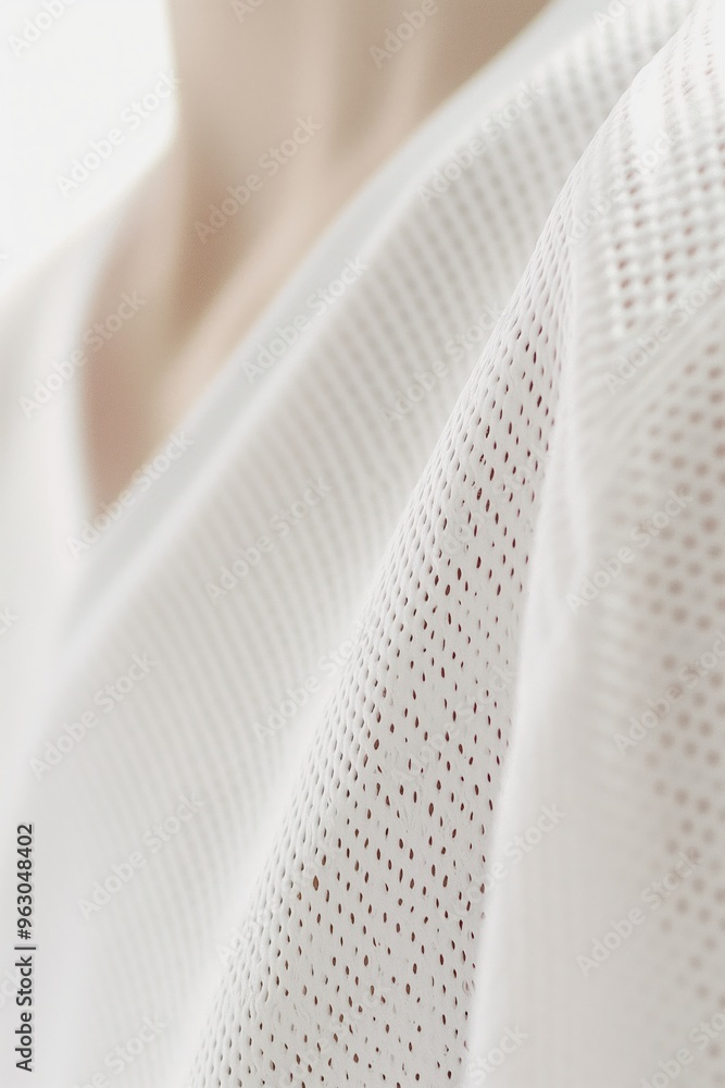 Poster close-up of person neck with synthetic fabric shirt featuring unique texture and small holes. fabric