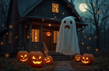 a ghost flies at the porch of the house on Halloween night, pumpkin decorations and candles, moonlight, a rustic house in the forest, autumn nature