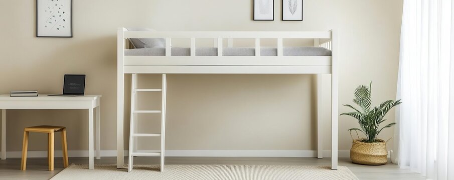 Small bedroom with a loft bed and workspace underneath, practical small-space solution