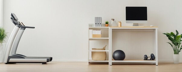 Small home office with adjustable shelving and fitness equipment, compact and practical