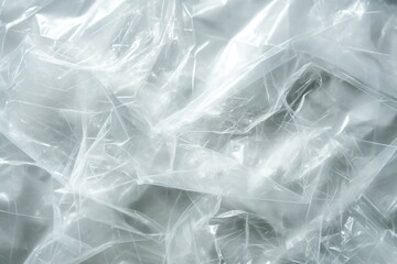Obraz premium Clear plastic wrap texture close-up. Crumpled transparent film overlay background. Focus on smooth surface. No text or objects visible. Perfect for design, tech, eco and packaging concepts.